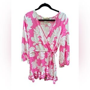 Ocean Drive Pink Floral Wrap Dress or beach coverup Ruffle Hem Size L